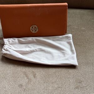 Tory Burch Orange sunglasses or eyeglass case with bag with Gold Logo.